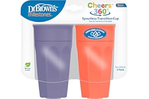 Dr. Brown's Milestones Cheers 360 Spoutless Transition Cup, Travel Friendly and Leak Free Sippy for Babies and Toddlers, Coral and Purple, BPA-Free, 10 oz/300 mL, 9m+