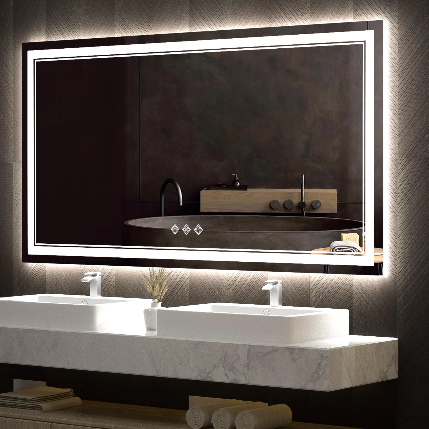 Photo 1 of VanPokins LED Bathroom Mirror, 60x32 Inch Gradient Front and Backlit Bathroom Mirror, 3 Colors Dimmable CRI>90 Double Lights, IP54 Enhanced Anti-Fog, Hanging Plates Wall Mount Lighted Mirror (factory sealed) 