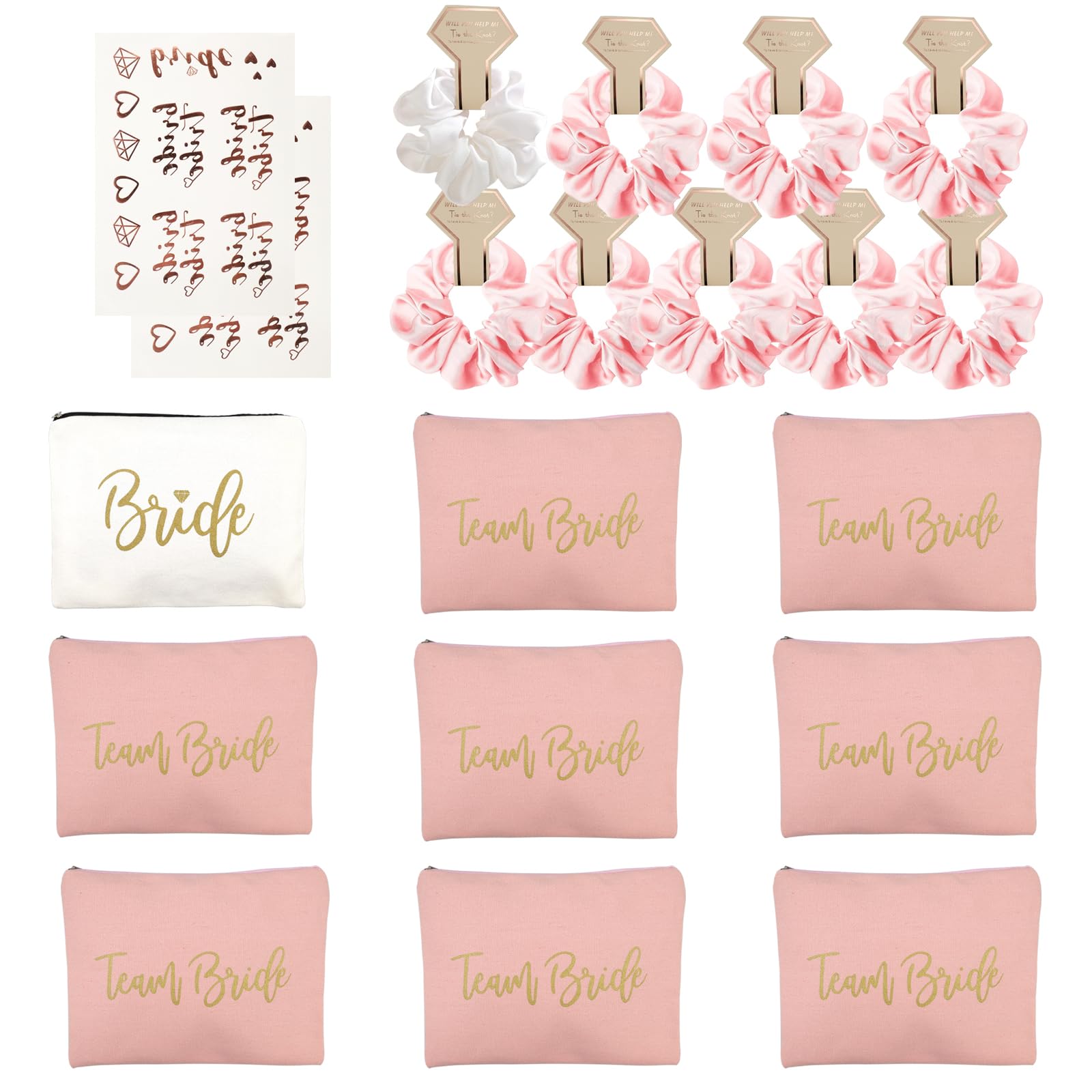 burkfeeg 20 PCS Wedding Bridesmaid Gift Set 9 Bridesmaid Makeup Bags 9 Satin Hair Ties 2 Team Bride Tattoos for Bachelorette Party Hen Party Bridesmaid Gift Team Bride
