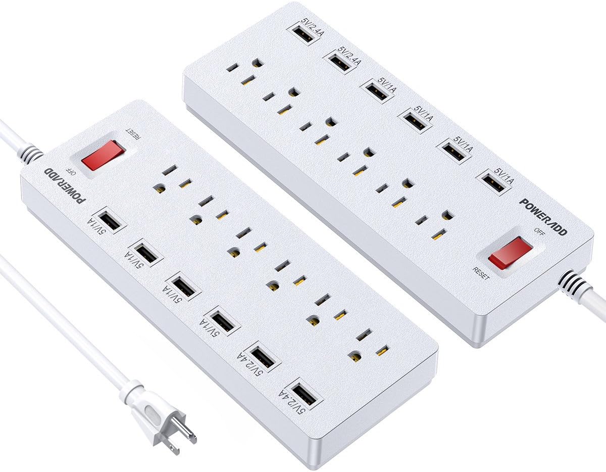 POWERADD Power Strip 3 Outlets with 3 Fast Charging USB Ports, 5ft Extension Cord with USB Ports (5V/2.4AX3) for Indoor,1625W/13A (2 PCS)