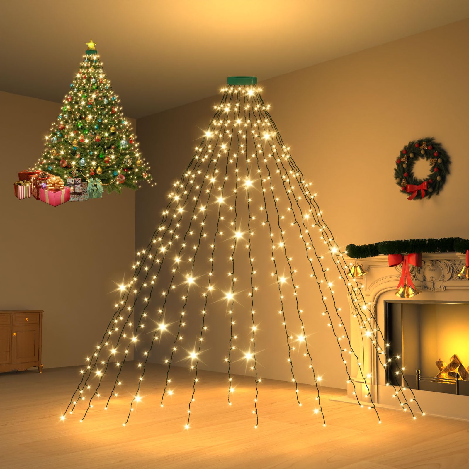 Dalugo Christmas Tree Lights, 3M 16 Lines 592LED Christmas Lights for 8ft-10ft Outdoor Christmas Tree Decorations, Mains Powered Warm White Fairy Lights with Timer, Memory Function, IP44 Waterproof