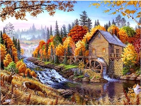 Amazon Com 5d Diamond Painting Brook Log Cabin Frame Full Drill