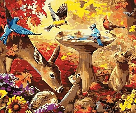 Amazon Co Jp 絵画 油絵 おとぎ話の世界の絵の中で鹿と鳥の数字で絵を描く子供大人数字で着色初心者diy油絵40x50cm A フレームレス ホーム キッチン