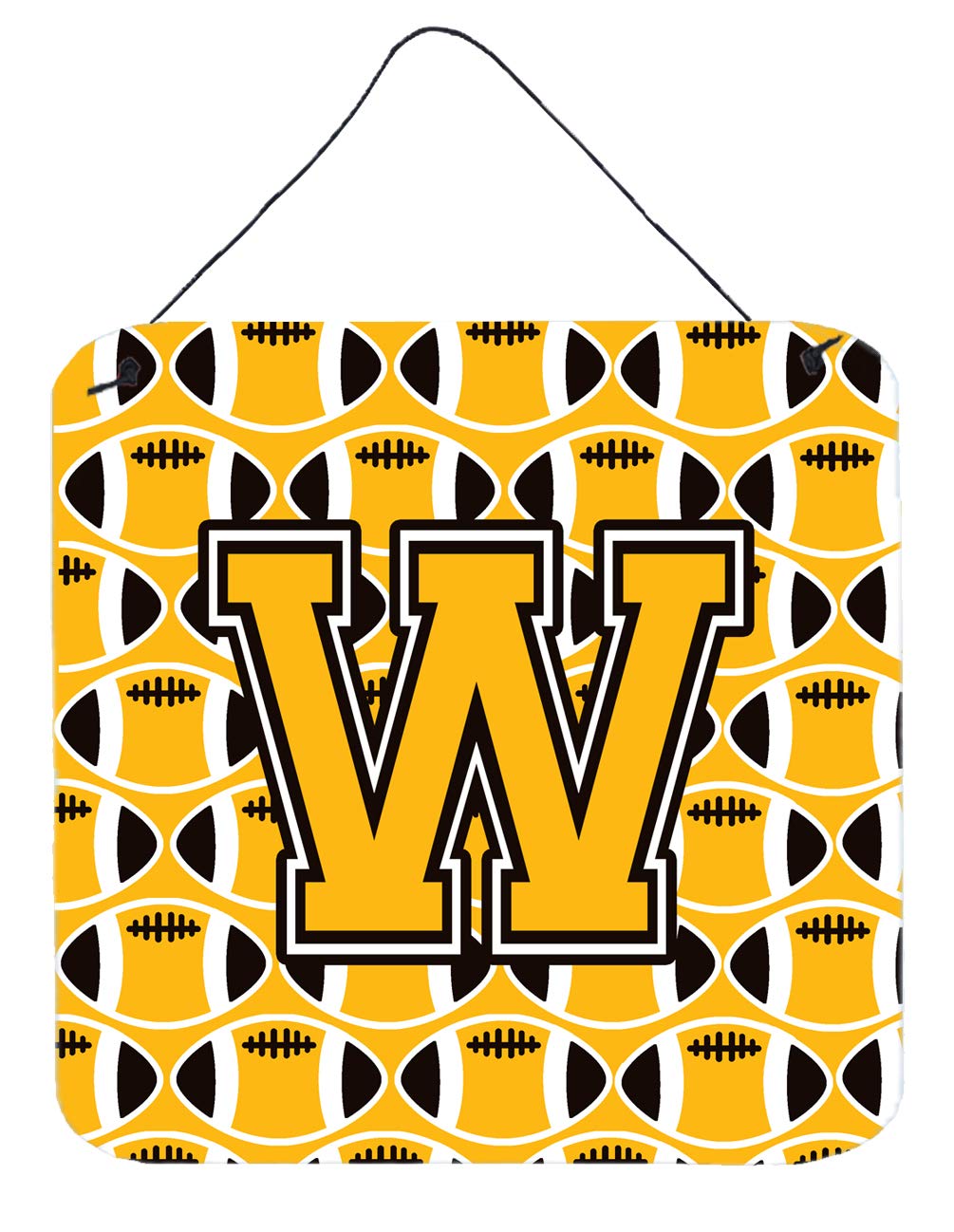 Caroline's Treasures Letter W Football Black, Old Gold and White Wall or Door Hanging Prints CJ1080-WDS66, Aluminum, 6x6