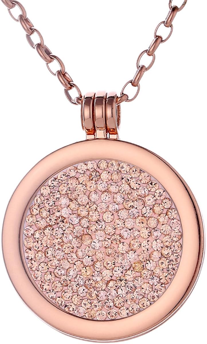 Morella Women Necklace 70 cm 27.5" Rose Golden Stainless Steel with Coin 33 mm 1,3" Zirconia Stones Apricot in a Velvet Jewelry Bag