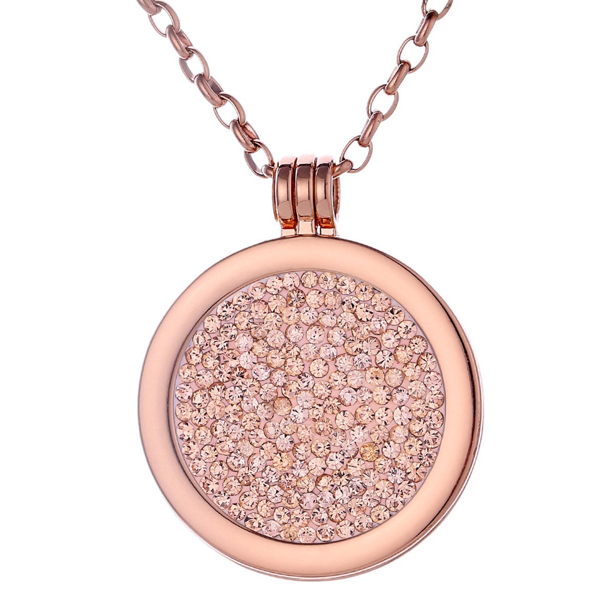 Morella Women Necklace 70 cm 27.5" Rose Golden Stainless Steel with Coin 33 mm 1,3" Zirconia Stones Apricot in a Velvet Jewelry Bag