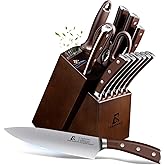 CoquusAid Knife Set, New 15° Beveled Easy Insert, 15 Pcs Kitchen Knife Block Set with Block and Sharpener, German Vacuum Oil Cooled Crafted, Countertop-Free Steak Knife Set, Stainless Steel Brown