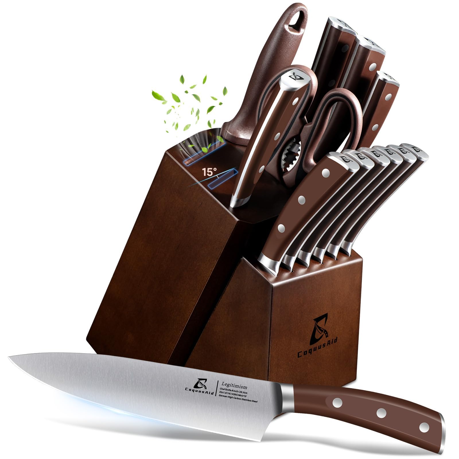 Photo 1 of CoquusAid Knife Set, New 15° Beveled Easy Insert, 15 Pcs Kitchen Knife Block Set with Block and Sharpener, German Vacuum Oil Cooled Crafted, Countertop-Free Steak Knife Set, Stainless Steel Brown
