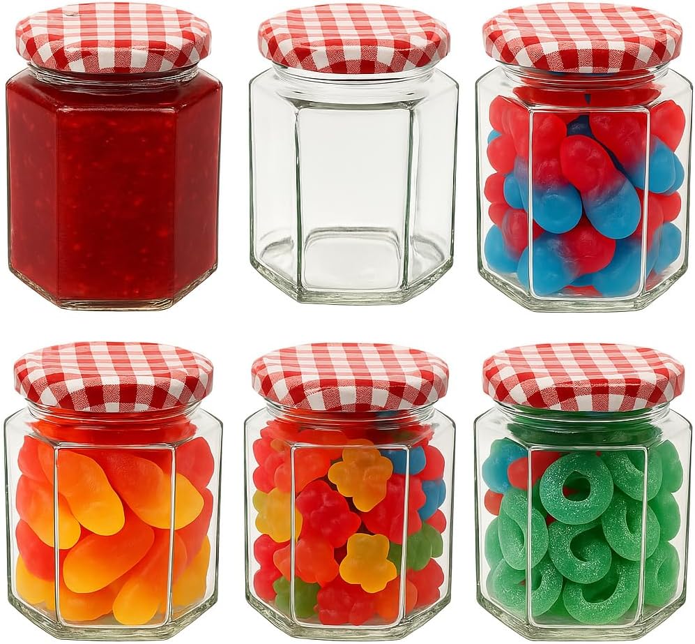 Offer Shop Glass Jars 280ml Hexagonal Red Gingham Lid - 6 Set
