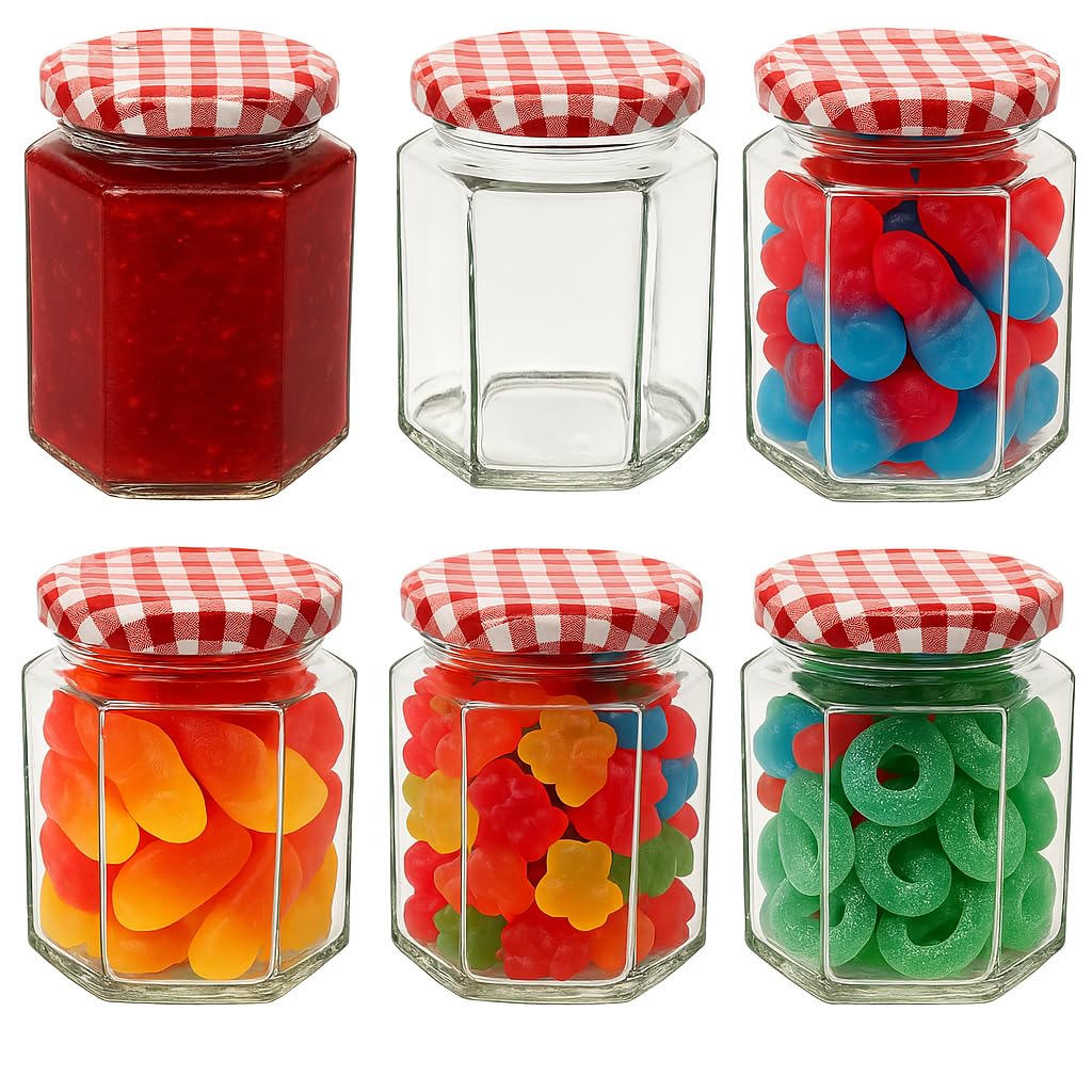 Offer Shop Glass Jam Jars with Red Gingham Lid & Labels - 280ml / 9oz Hexagonal Storage Glass Jars | Clear Airtight Jar for Kitchen Spices Honey or Sweets - 6 Set