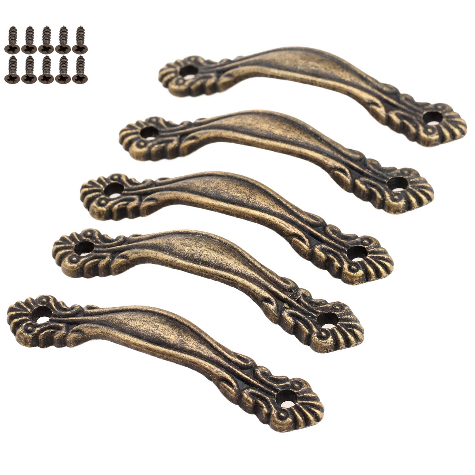 Dophee 5PCS Vintage Cabinet Handles, Antique Brass Pull Handle Drawer Handles with Screws for Wardrobe Cupboard Closet Dresser Furniture Boxes, 65 x 11mm