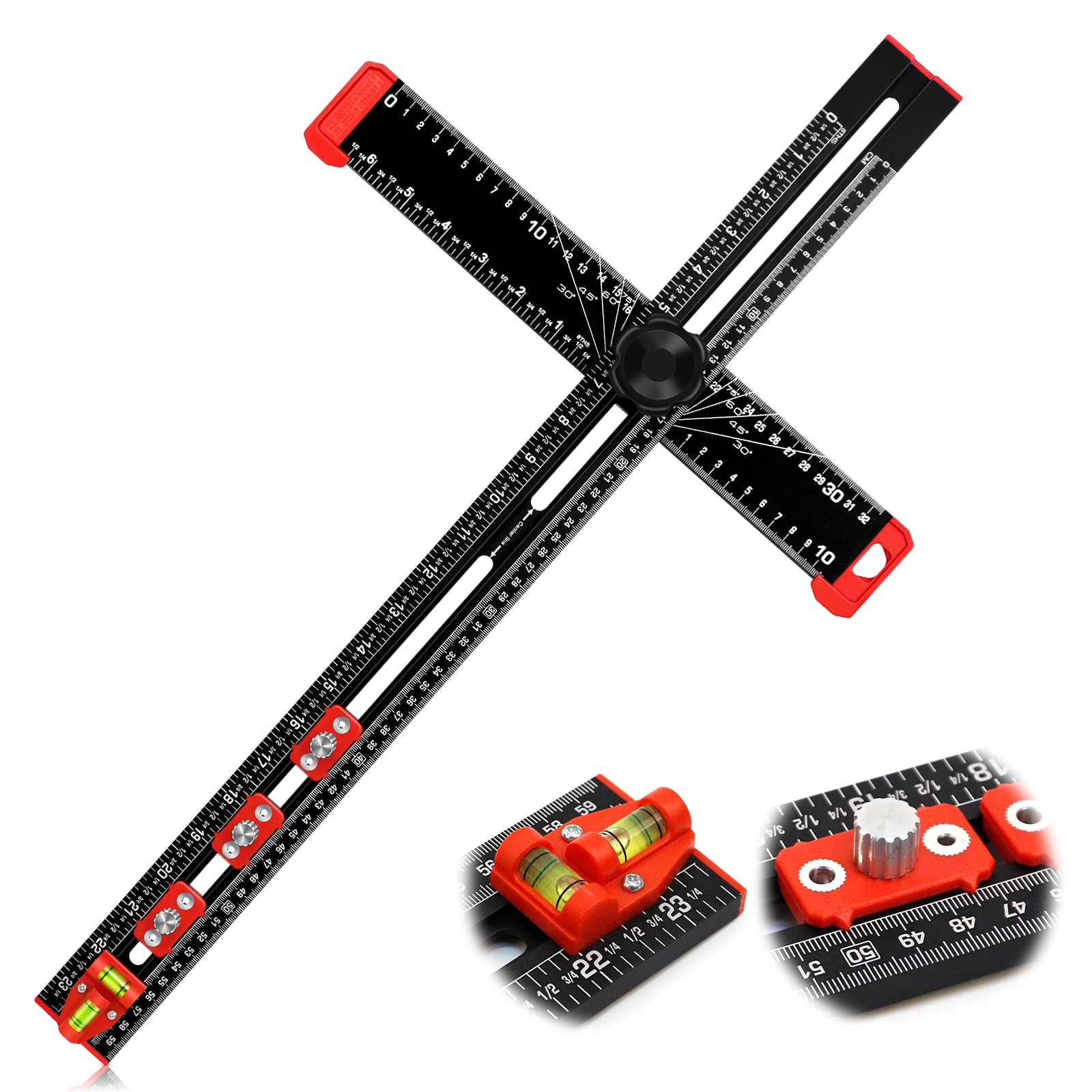 4-in-1 Drilling Positioning Ruler, 60cm/23.62 in Adjustable Angle T Square Woodworking Ruler, Precise Drilling Tool for Carpentry and Architect, Cabinet Hardware Jig