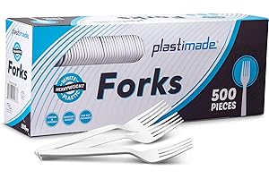 PLASTIMADE 500 Count Extra Heavy duty Plastic Forks, Disposable White Fork, Heavyweight Bulk Cutlery for Dinner, Events, Catering, Parties & Takeout