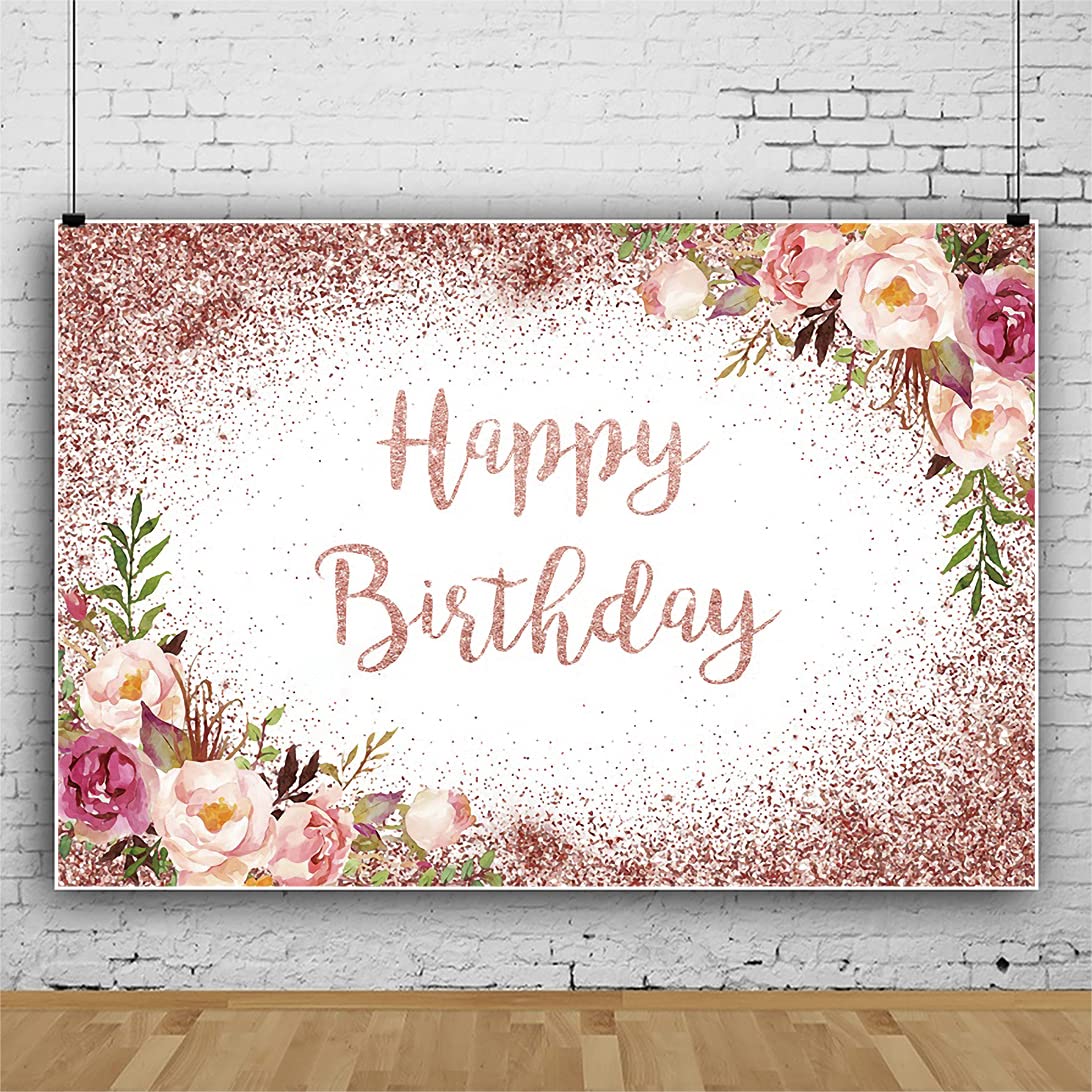 Renaiss 10x6.5ft Pink and White Birthday Backdrop Pink Flower Rose Glitter Photography Background Girls Woman Sweet 16 18th 21th Birthday Party Decorations Cake Table Banner Vinyl Photo Booth Props