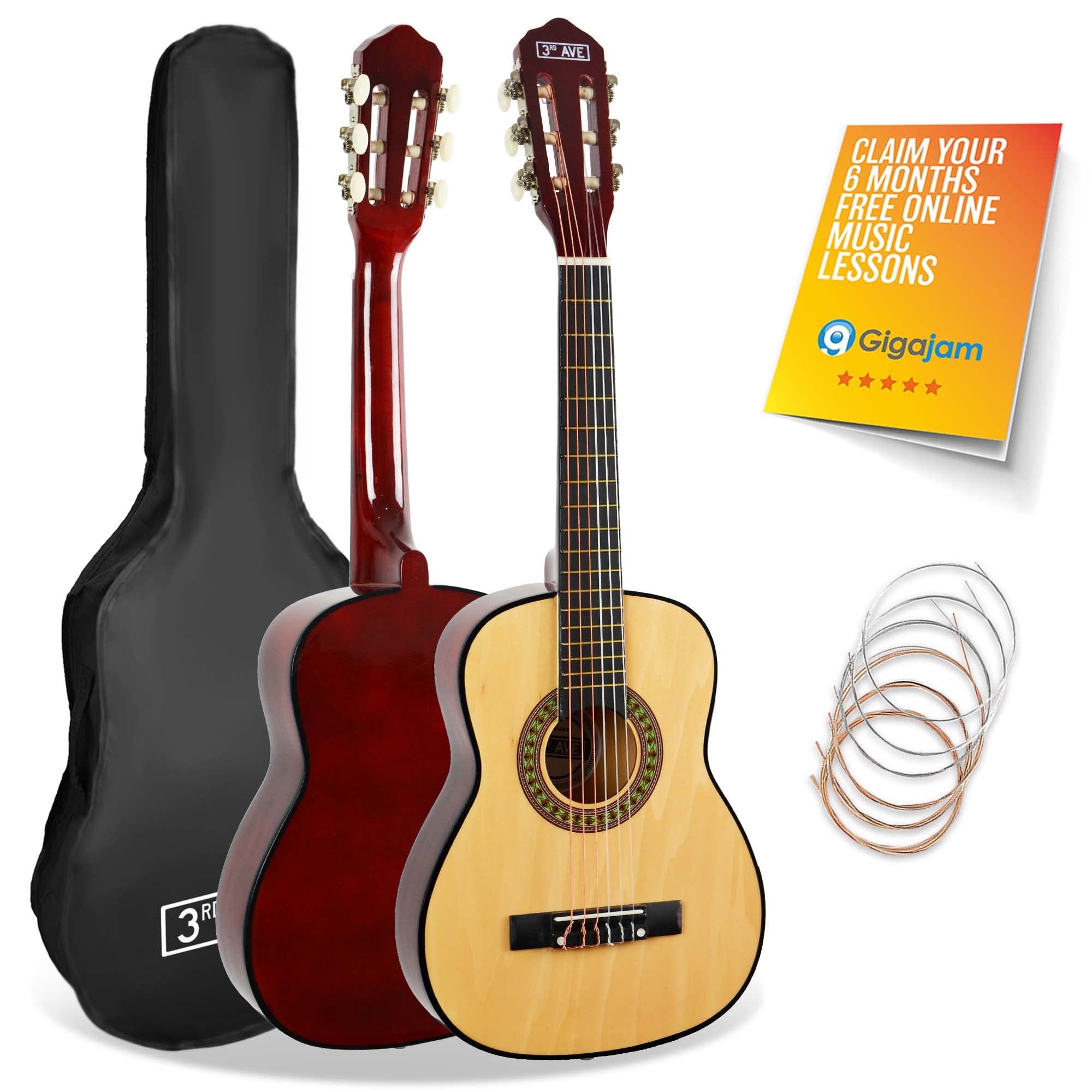 3rd Avenue 1/4 Size Kids Classical Guitar Spanish Nylon String Beginner Pack Bundle - 6 Months FREE Lessons, Bag, Strings – Natural