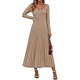 PRETTYGARDEN Women Sweater Dress Fall Fashion 2026 Long Sleeve V Neck Ribbed Knit Pleated A Line Elegant Maxi Winter Dresses