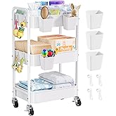 Diaper Cart Organizer with Wheels, 3 Tier Rolling Bedside Cart for Baby Essentials, Baby Organizers and Storage Diaper Caddy Carts for Changing Table, Crib, Bedroom, Newborn Nursery Supplies, White