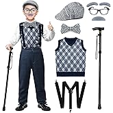 Axwcon Kids 100 Days of School Costume Boys-Halloween Grandpa Old Man Costume with Accessories for 100th Day of School Party