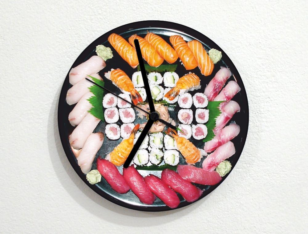 inPhoenix Sushi Plate - Makimono Uramaki Temaki - Nigiri Sashimi - Raw Seafood - Japanese Cuisine - Custom Name Wall Clock