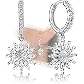 Sunflower Earrings for Women - Sterling Silver Flower Hoop Earrings Classic Hypoallergenic White Cubic Zirconia Loop Earrings Fashion Dainty Earrings Gift for Her Birthday Valentine's Day