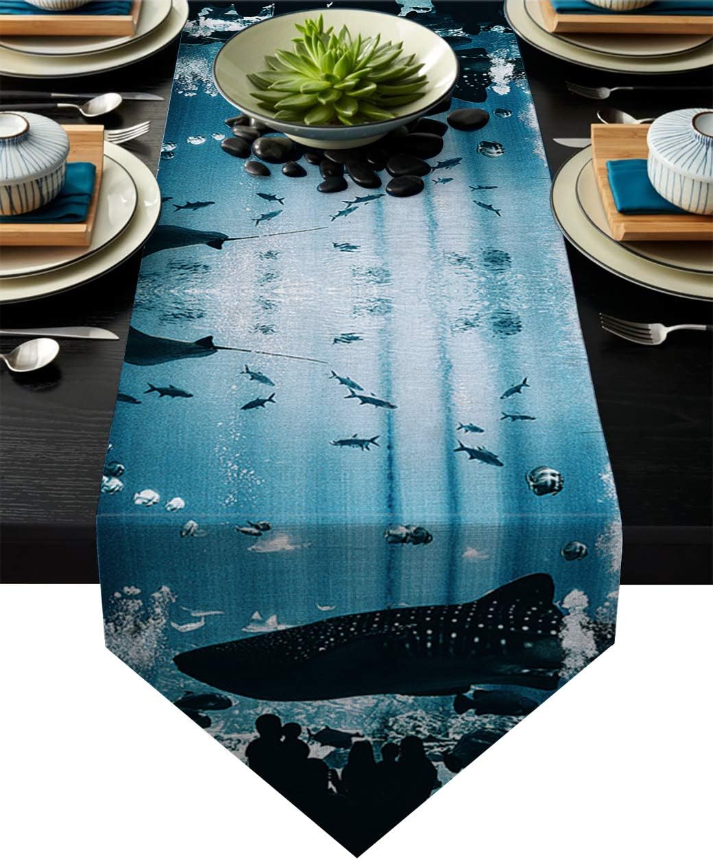 Meet 1998 Cotton Linen Table Runners Aquarium Shark Silhouette Tablecovers for Kitchen Garden Blue Black Wedding Parties Dinner Indoor Outdoors Home Decorations 13x70 inches