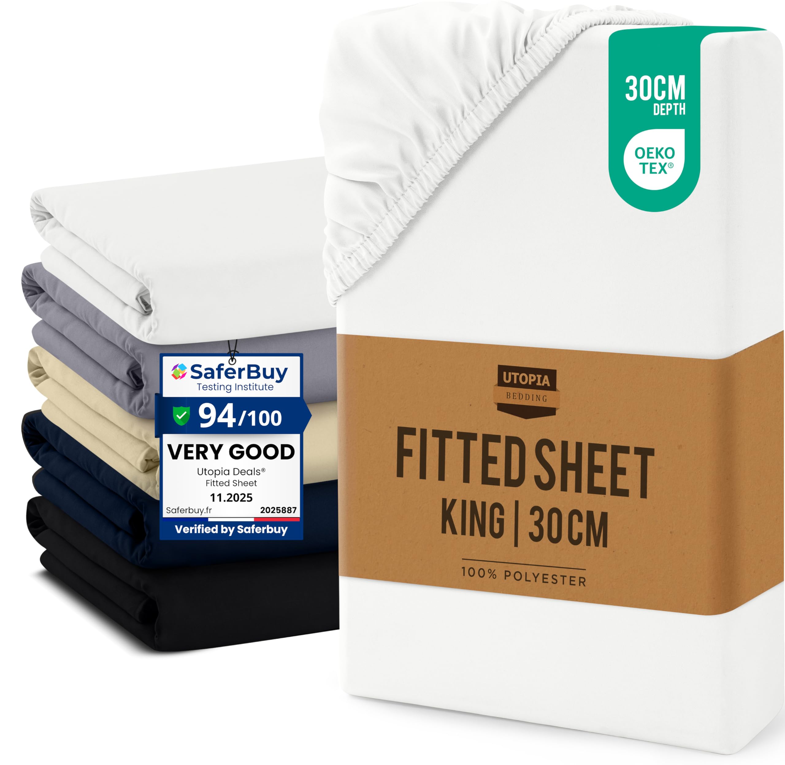 Utopia Bedding Fitted Sheet King, White - Up to 12 Inch (30cm) Deep - Easy Care - Soft Brushed Microfibre Fabric - Shrinkage and Fade Resistant - Oeko-Tex Certified - Bottom Sheet
