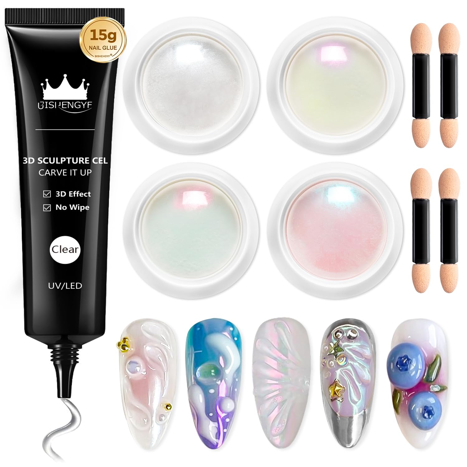 BISHENGYF Aurora Chrome Nail Powder And Clear 3D Nail Art Gel:Magic Pink 4pcs Mirror Effect Pearl Nail Chrome Powders,5d Embossed 3D Molding Gel Forl Nail Art Decoration Home(Purple/Green)