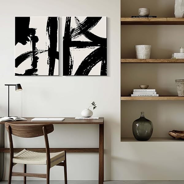 2PCS FRAMED ABSTRACT BLACK AND WHITE CANVAS WALL ART MINIMALIST BRUSHSTROKE LINE PRINTS MODERN HOME GALLERY STYLE PAINTING POSTERS PICTURE BEDROOM LIVING ROOM OFFICE 16X24 INCH READY TO HANG
