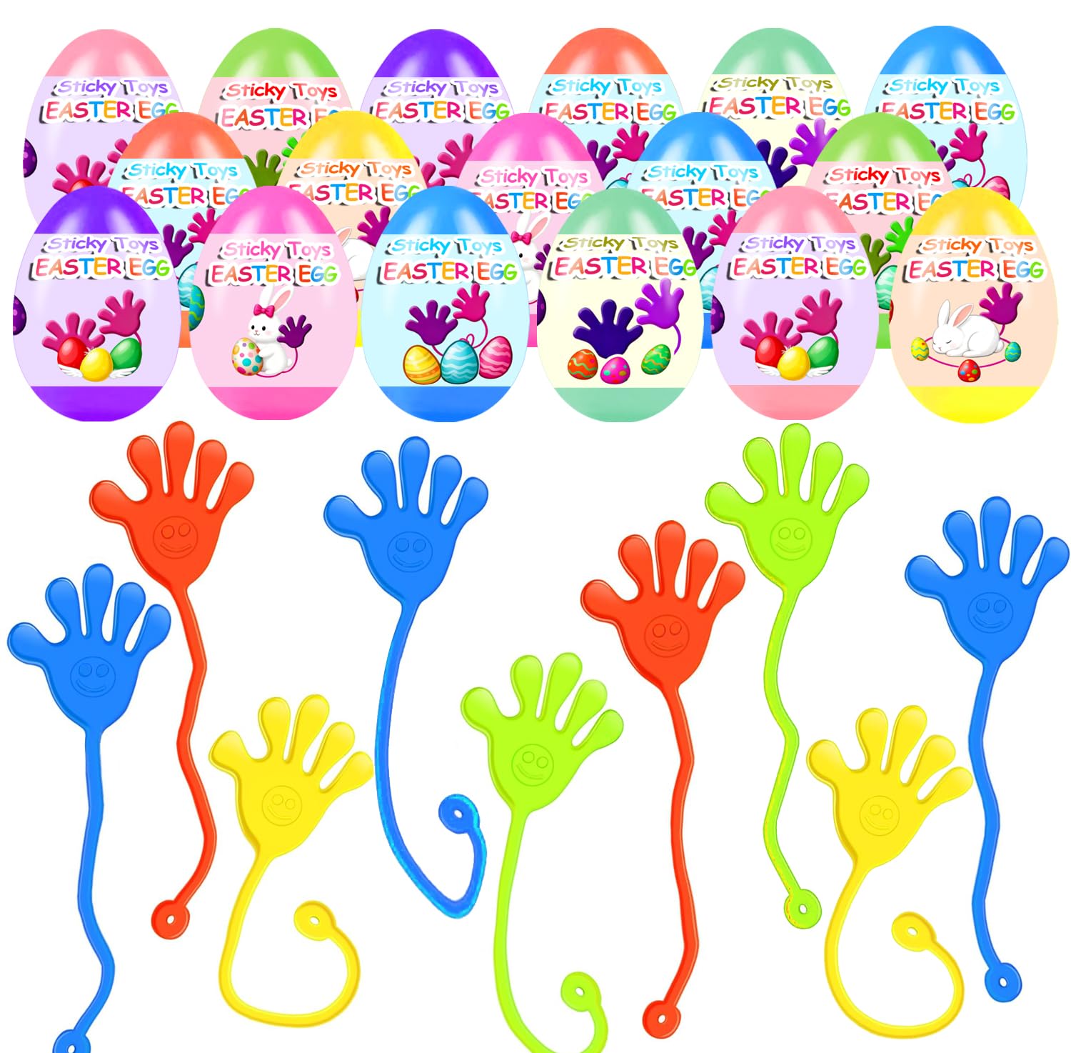 Holydeck 24 Pack Prefilled Easter Eggs with Sticky Hand Toys for Kids Girls Boys Easter Basket Stuffers Party Favors Egg Fillers Classroom Prizes