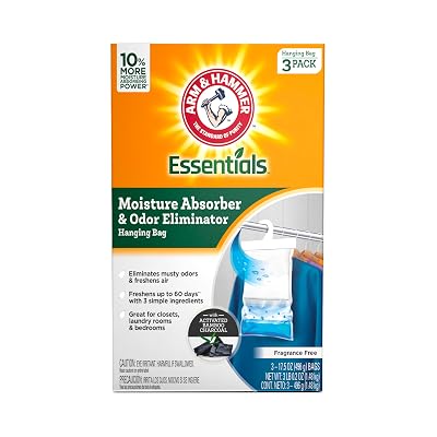 Arm & Hammer Essentials Hanging Moisture Absorber and Odor Eliminator, 17.5 oz., 3 Pack, Fragrance Free, Moisture Absorbers for Closets, Laundry Rooms and Bedrooms, Long-Lasting Freshness