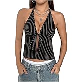 SHENHE Women's Striped Tie Front Top Open Back Deep V Halter Sexy Going Out Y2k Crop Top