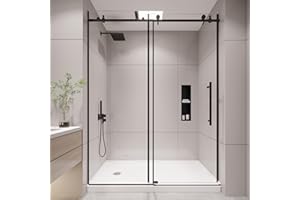 KPUY Frameless Shower Door, 56-60" W x 76" H Sliding Glass Shower Door, 1/4" (6mm) Thick Tempered Clear Glass with Explosion-Proof Film Nano Coating, Stainless Steel Hardware, Matte Black