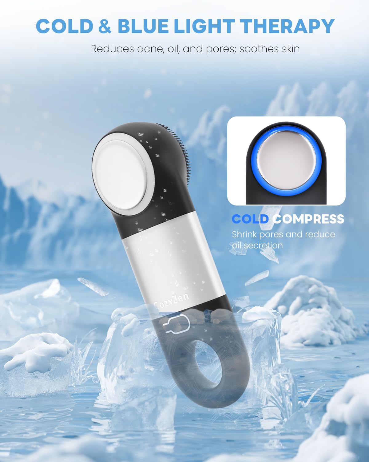 CozyZen Facial Cleansing Brush, IPX7 Waterproof and Rechargeable Silicone Face Scrubber, Heat & Cold Massage for Men & Women (Black)