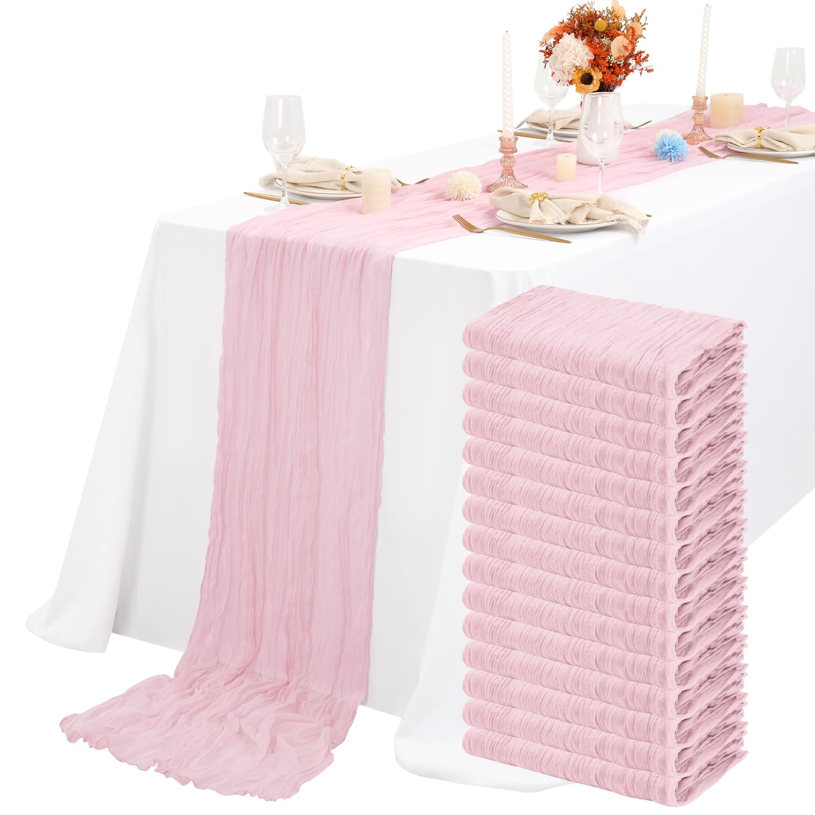 15 Packs Cheesecloth Table Runner Pink Semi-Sheer Table Runner 55x300cm, Light Pink Rustic Gauze Boho Table Runner, Wedding Table Decor Table Cloth for Bridal Shower Party Wedding Holiday