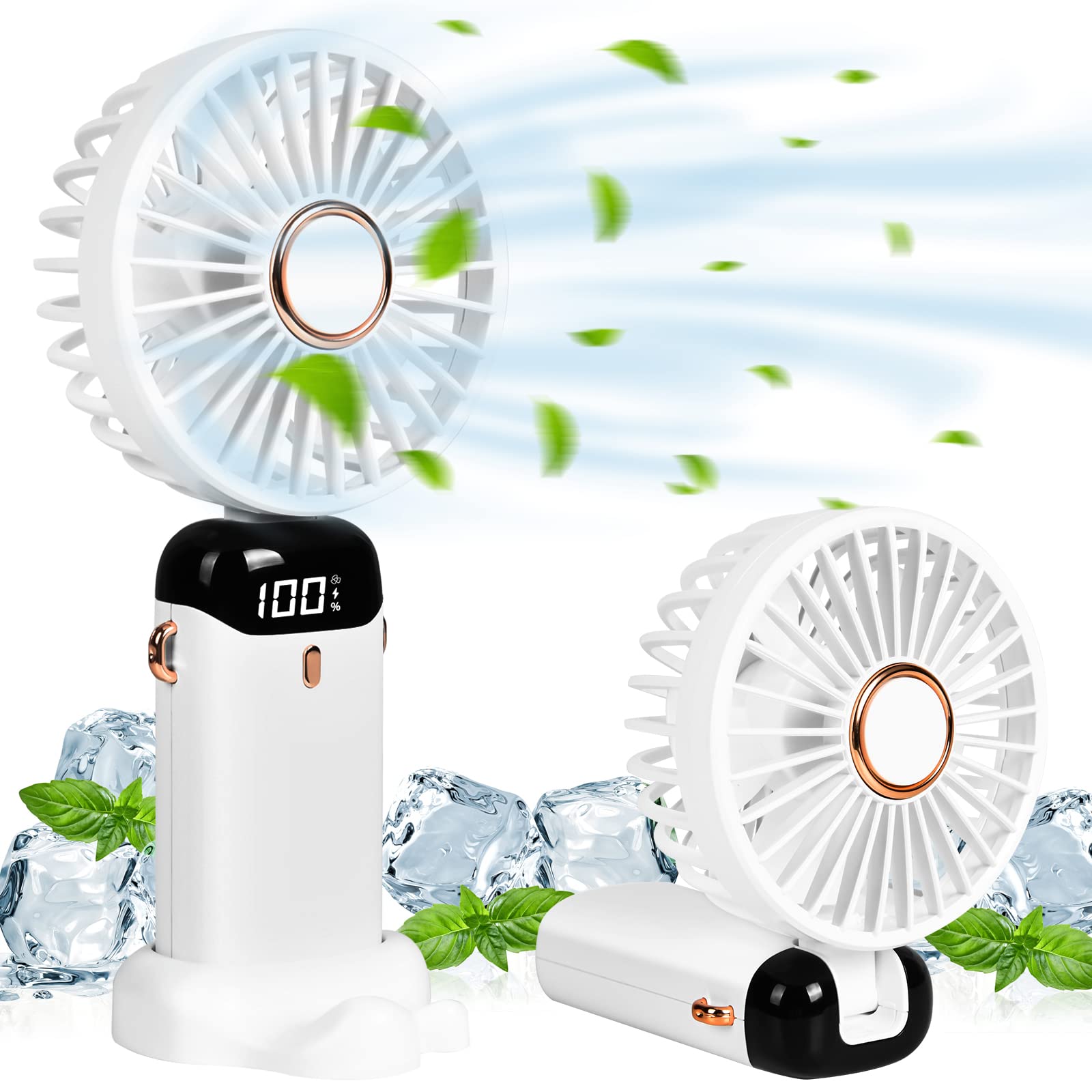 AMFUN Portable Handheld USB Rechargeable Fan, 4800mAh, 90° Foldable Mini Desk With LED Digital Display, 5 Speeds Multi-Function for Outdoor Indoor (White)