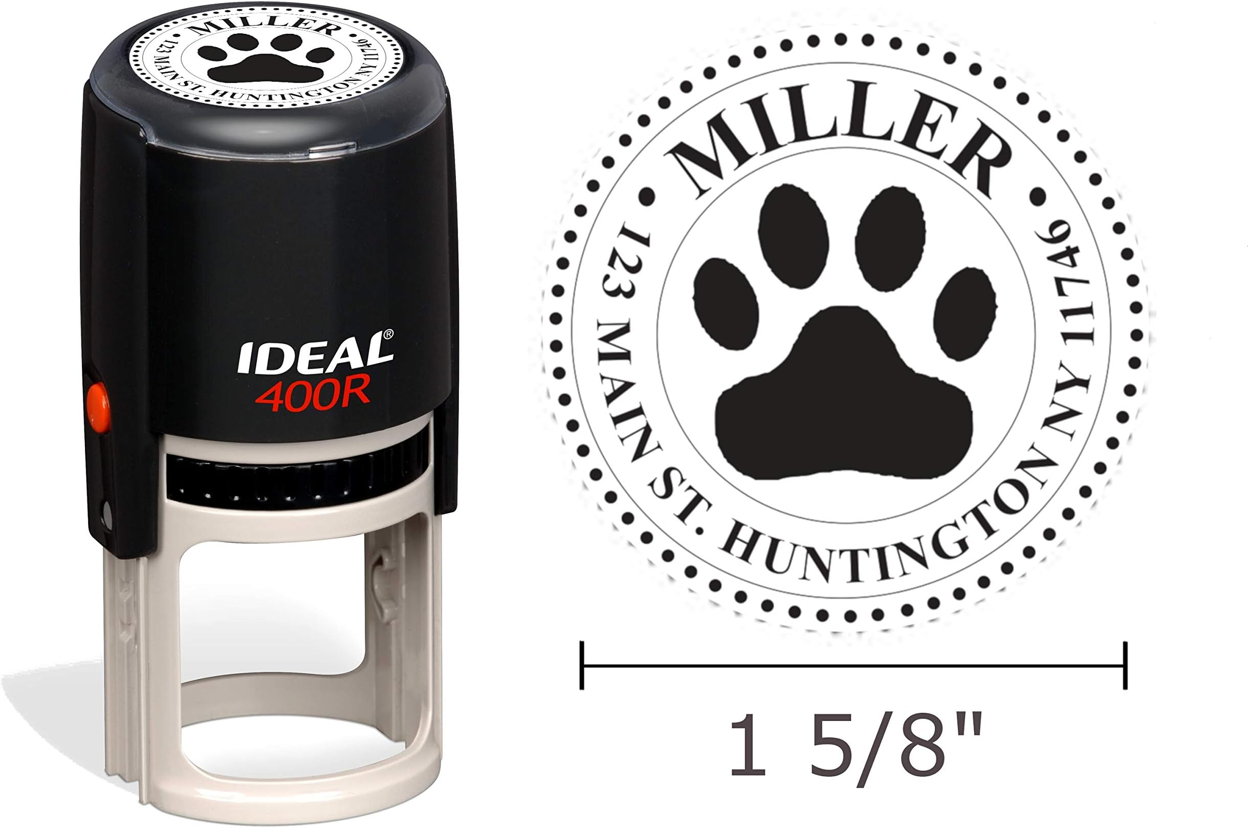 Self Inking Paw Monogram Address Stamp, (Style 110) Ideal 400R, Round 1-5/8" Impression, Black Body