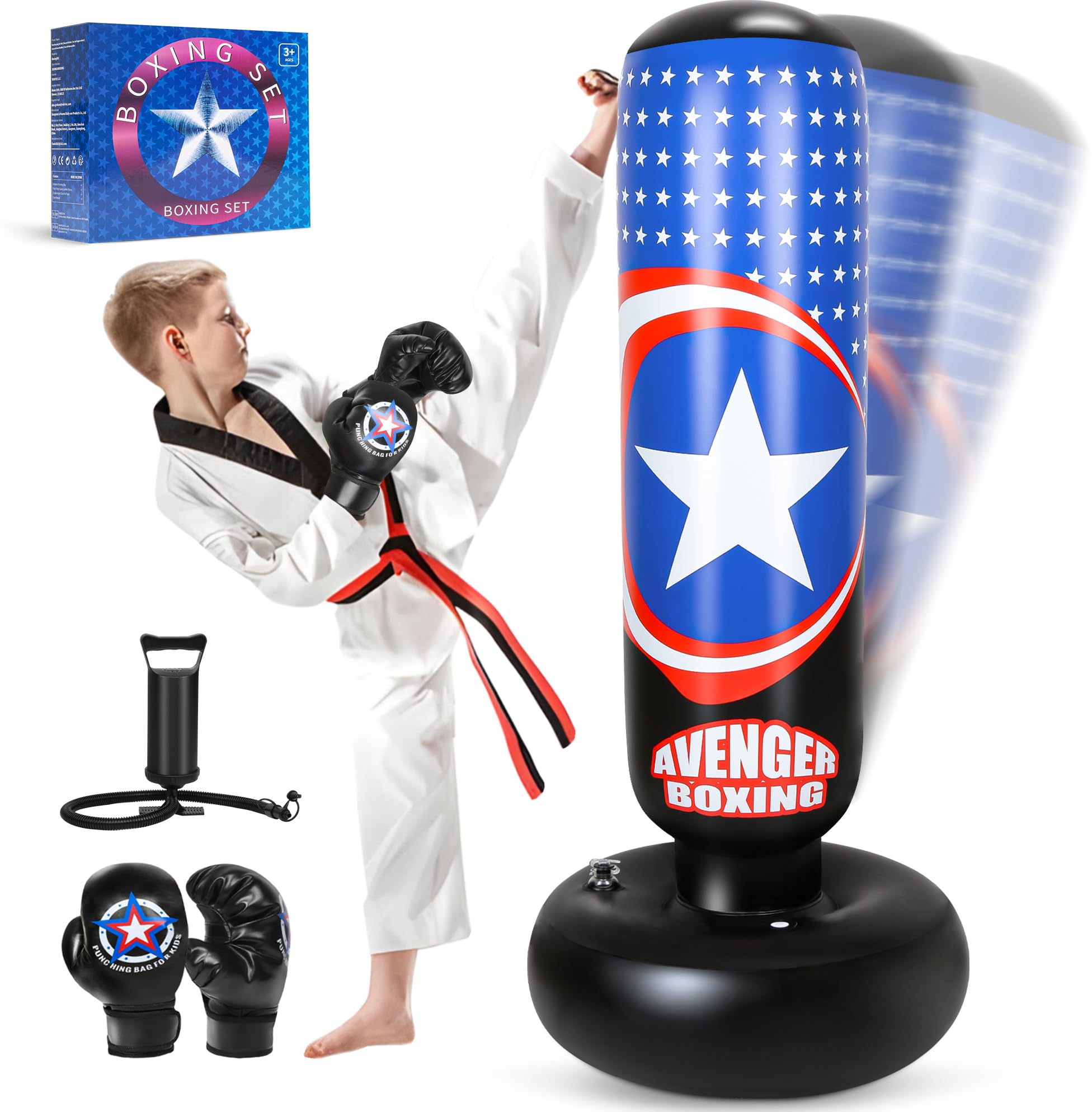 YasinKidz Punching Bag for Kids, 66 Inch Large Inflatable Kids Boxing Bag Set for Boys & Girls Age 3-14, Free Standing Punch Bag with Boxing Gloves for Practicing Karate, Taekwondo, MMA (black)
