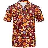 Eciodci Men's Thanksgiving Button Down Shirt Funny Turkey 3D Printed Fall Leaves Novelty Short Sleeve Hawaiian Shirts for Men