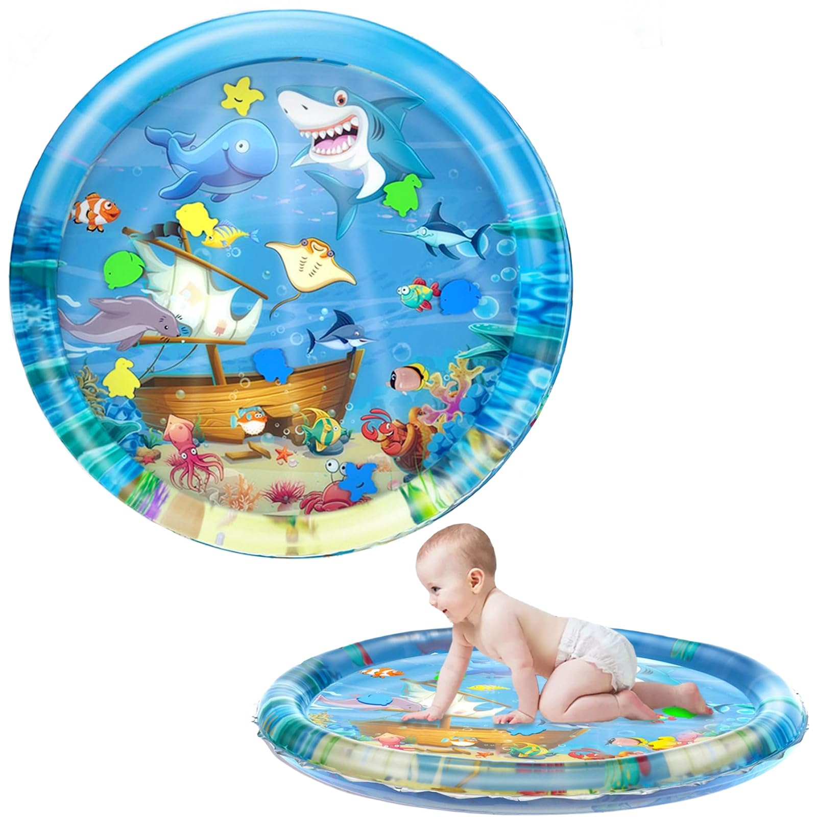 Large Tummy Time Mat Inflatable Water Mat for Babies,100cm Round Blue Shark Water Cushion Baby Inflatable Water Play Mat Sensory Toy for Infants,Toddlers Baby Toys 3-12 Months Newborn Girls Boys Gifts