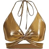 OYOANGLE Women's Metallic Twist Front Halter Tops Deep V Neck Backless Wrap Crop Cami Top