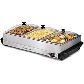 Elite Gourmet EWM-6171 Triple Buffet Server, 7.5 Qt, Stainless Steel | Adjustable Temperature Control, Clear Slotted Lids - Great for Parties, Entertaining, Holidays &amp; Catering - 3 x 2.5 Qt Trays
