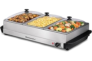 Elite Gourmet EWM-6171 Triple 3 x 2.5 Qt. Trays, Buffet Server, Food Warmer Temperature Control, Clear Slotted Lids, Perfect 