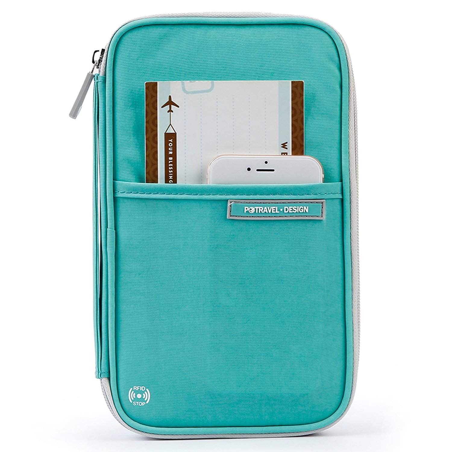 ManKn Family Passport Holder Travel Wallet, Waterproof RFID Document Organizer Case with Hand Strap Zip Closure for Men Women, Ticket Credit ID Card Cash Pouch Money Bag