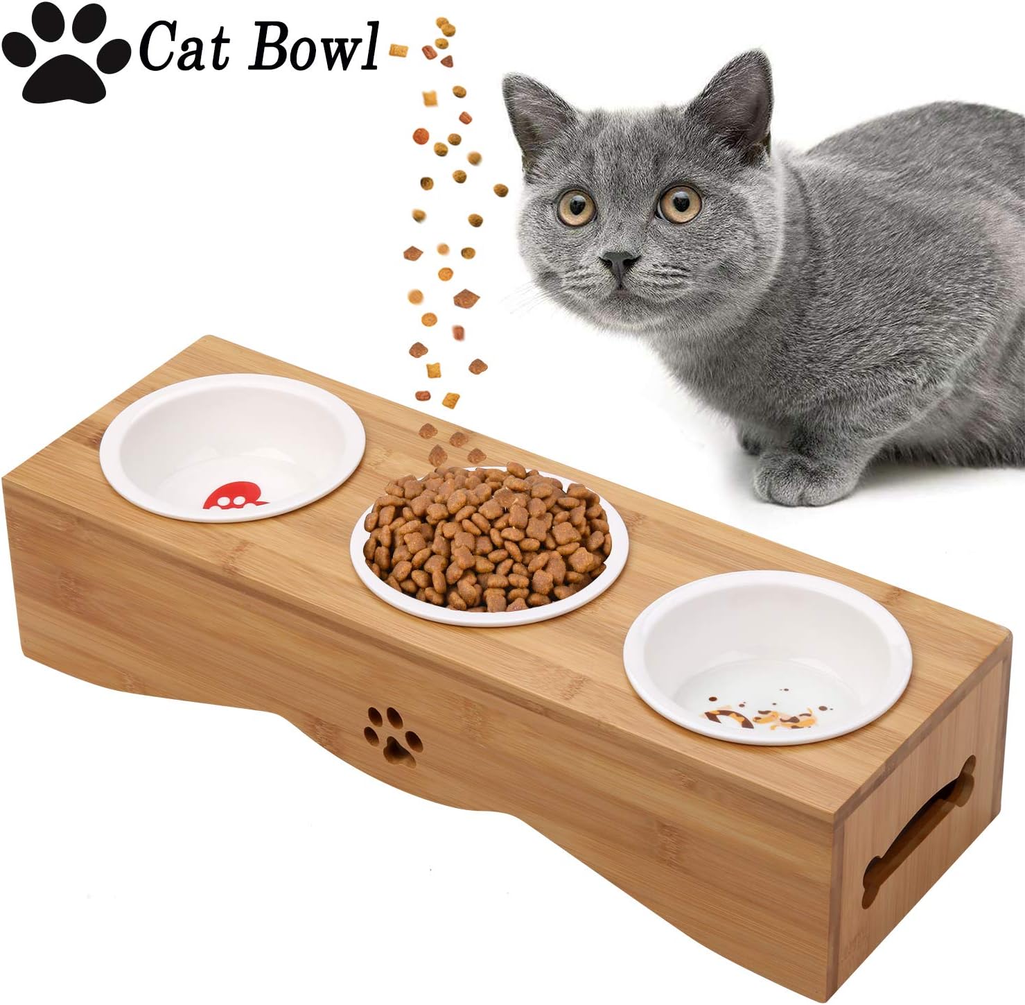 Legendog Cat Bowl, Wooden Pet Bowls/Bamboo Cat Bowl Ceramic Food Water Feeder with Non-Slip,Elevated Raised Pet Feeding Bowls For Cats Puppy,42 * 14 * 12.5CM