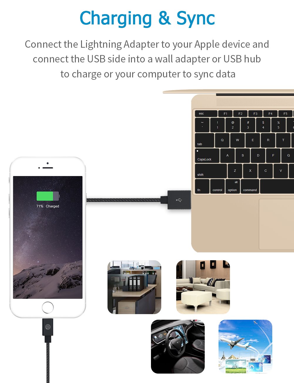 USB Cargador Cable OPSO Lightning Nailon Trenzado 1M [Certificato Apple MFi] para iPhone 7 6s 6 Plus SE 5s, iPad Pro, iPad mini, iPod touch / nano- Negro