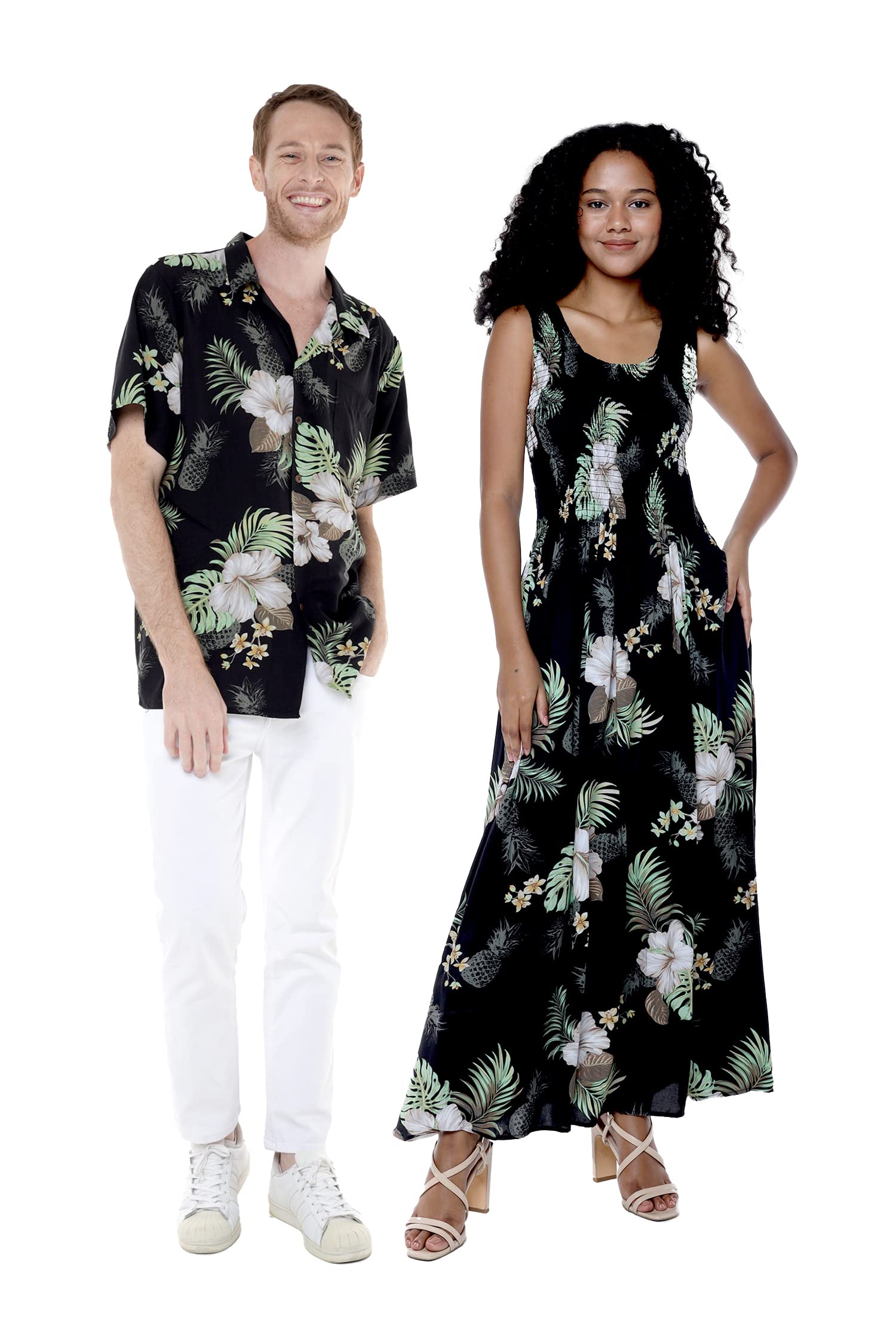 Matchable Matchable Couple Hawaiian Luau Shirt in Pineapple Garden Black, Men ...