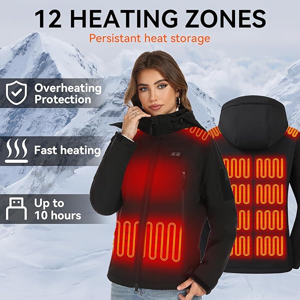 VENTROLLO WOMENS HEATED JACKET WITH 16000 MAH BATTERY, 12 HEATING ZONES, WATER-RESISTANT WINDPROOF SOFT SHELL HEATED COAT WINTER HEATING JACKET FOR WOMEN M