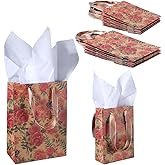 Beebeecraft 8Pcs 2 Sizes Floral Paper Bags with Handles 8x4x11/5x2x7 Inch Kraft Bags with Tissue Vintage Wildflower Print for Wedding Birthday Party Favor Treat Gift
