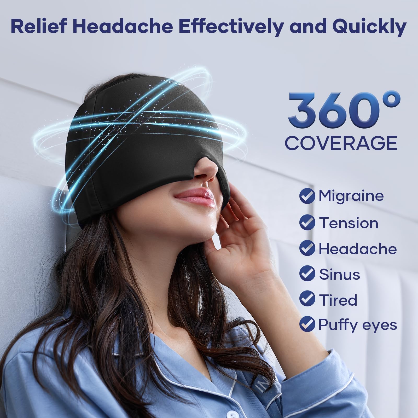 Qnoon Migraine Relief Cap, Headache Relief Cap Mask Products, Cooling Odorless Gel Ice Head Wrap for Tension, Stress,Hangover & Puffy Eyes