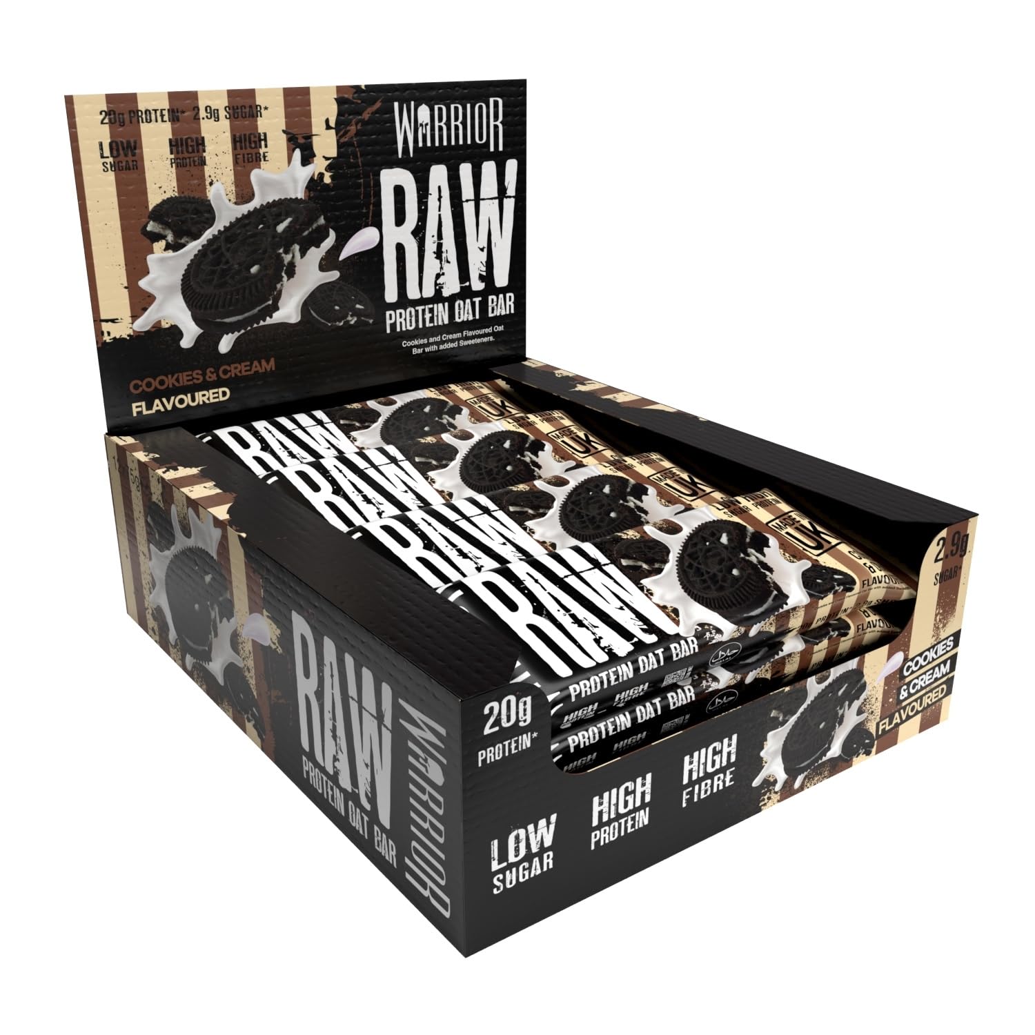 Warrior Raw Protein Bars – 20g Protein Per Bar – High Protein Snack Bars Multipack (12 or 24 Bars, 75g Each) – Low Sugar, High Fibre Breakfast & Meal Replacement Bar – Cookies and Cream Flapjack